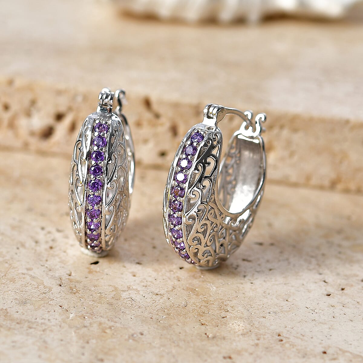EverTrue Simulated Amethyst Color Diamond J Hoop Earrings in 18K YG Plated and Platinum Bond image number 1