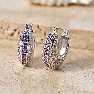 EverTrue Simulated Amethyst Color Diamond J Hoop Earrings in 18K YG Plated and Platinum Bond