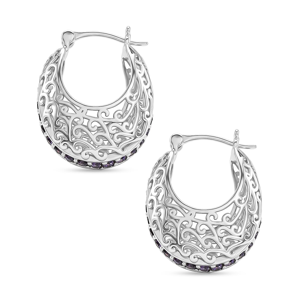 EverTrue Simulated Amethyst Color Diamond J Hoop Earrings in 18K YG Plated and Platinum Bond image number 3