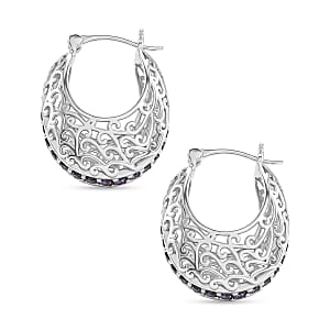 EverTrue Simulated Amethyst Color Diamond J Hoop Earrings in 18K YG Plated and Platinum Bond