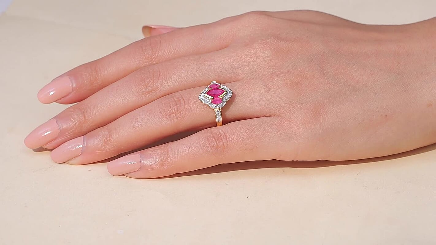 D'Joy Premium Montepuez Ruby, Moissanite Ring in 18K Vermeil YG Over Sterling Silver (Size 10.0) 1.75 ctw