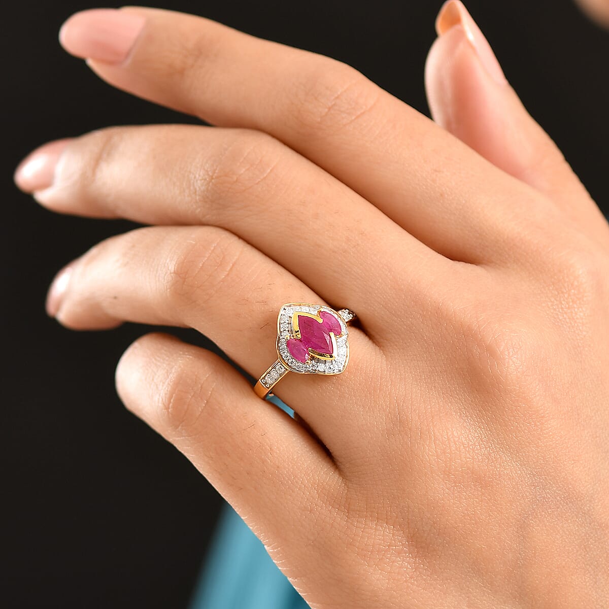 D'Joy Premium Montepuez Ruby and Moissanite 1.75 ctw Crown Radiance Ring in 18K Vermeil Yellow Gold Over Sterling Silver (Size 7.0) image number 2