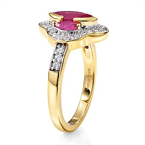 D'Joy Premium Montepuez Ruby and Moissanite 1.75 ctw Crown Radiance Ring in 18K Vermeil Yellow Gold Over Sterling Silver (Size 7.0)
