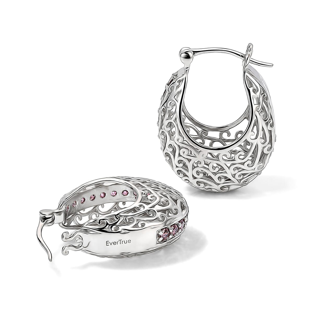 EverTrue Simulated Light Rose Tourmaline Diamond J Hoop Earrings in Platinum Bond image number 1