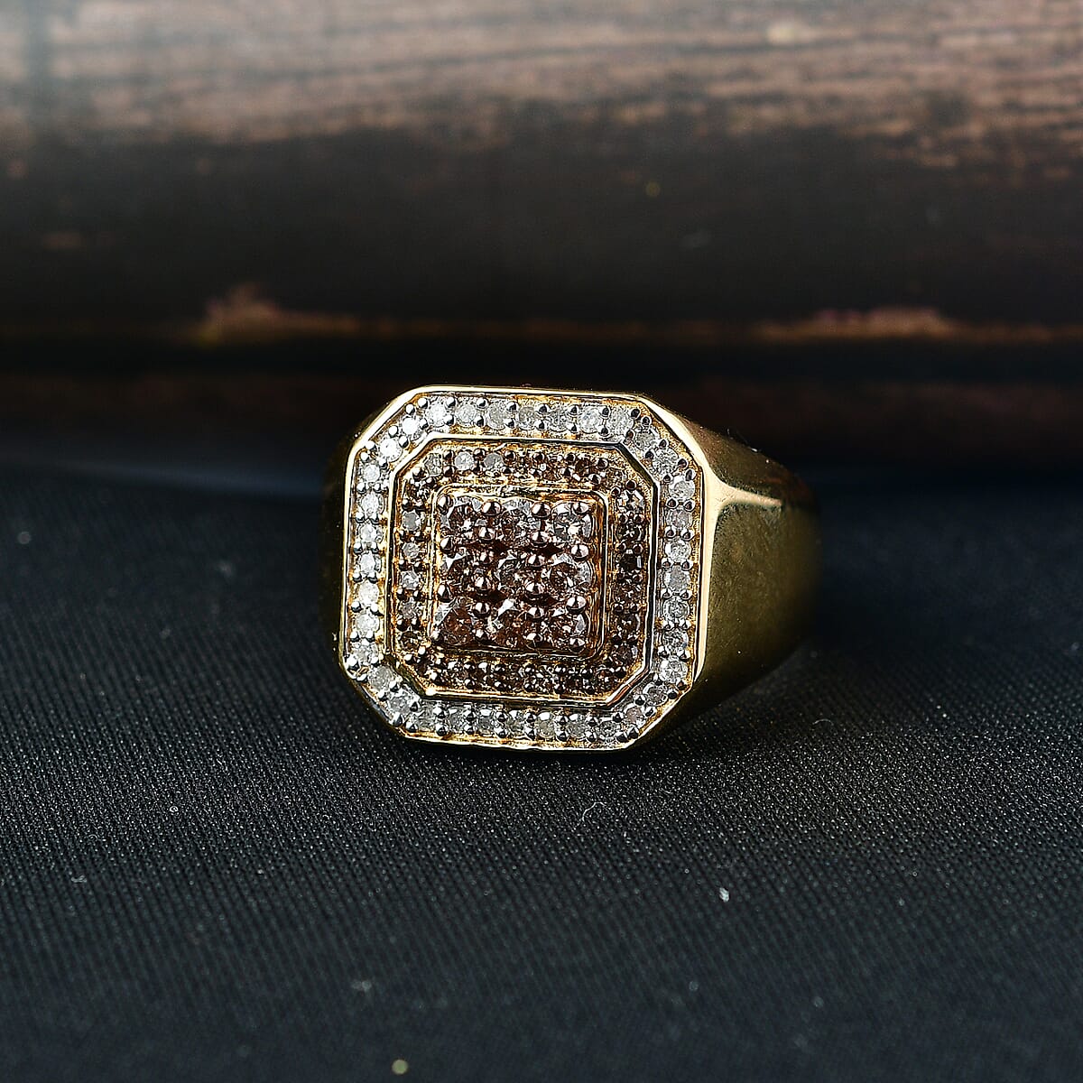 D'Joy Natural Champagne and White Diamond 1.00 ctw Men's Ring in 18K Vermeil Yellow Gold Over Sterling Silver (Size 12.0) image number 1