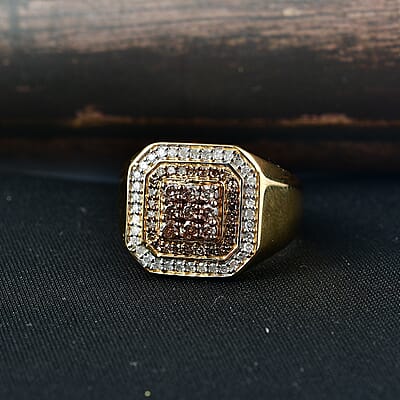 D'Joy Natural Champagne and White Diamond 1.00 ctw Men's Ring in 18K Vermeil Yellow Gold Over Sterling Silver (Size 12.0)