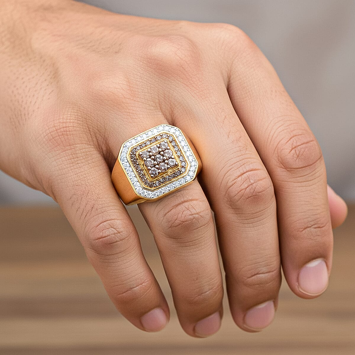 D'Joy Natural Champagne and White Diamond 1.00 ctw Men's Ring in 18K Vermeil Yellow Gold Over Sterling Silver (Size 12.0) image number 2