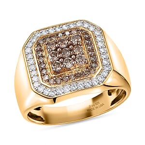 D'Joy Natural Champagne and White Diamond 1.00 ctw Men's Ring in 18K Vermeil Yellow Gold Over Sterling Silver (Size 14.0)