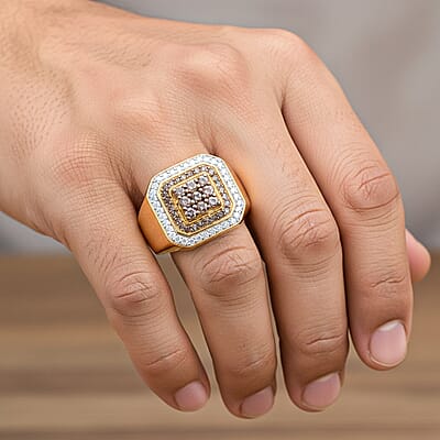 D'Joy Natural Champagne and White Diamond 1.00 ctw Men's Ring in 18K Vermeil Yellow Gold Over Sterling Silver (Size 14.0)