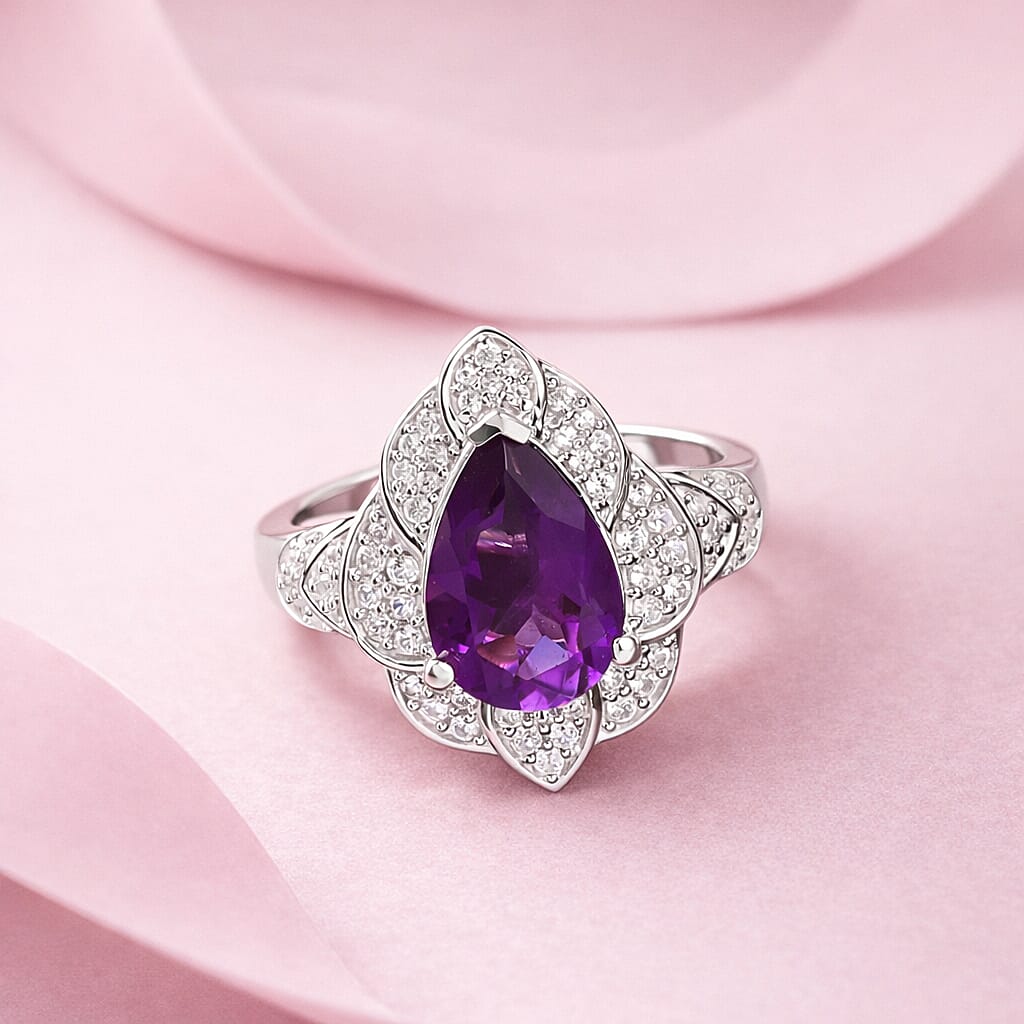 D'Joy African Amethyst and White Zircon 3.30 ctw Ring in Rhodium Over Sterling Silver (Size 7.0)