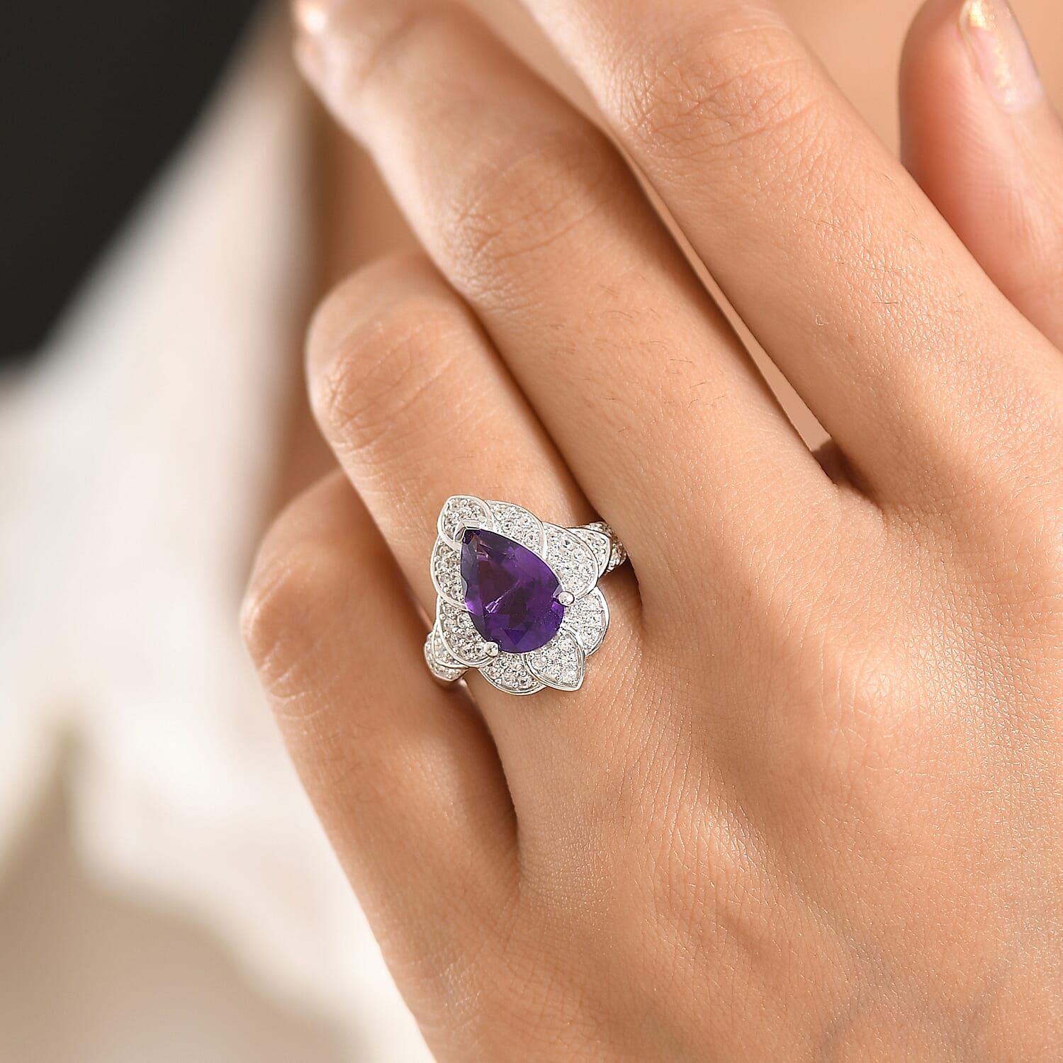 D'Joy African Amethyst and White Zircon 3.30 ctw Ring in Rhodium Over Sterling Silver (Size 7.0)