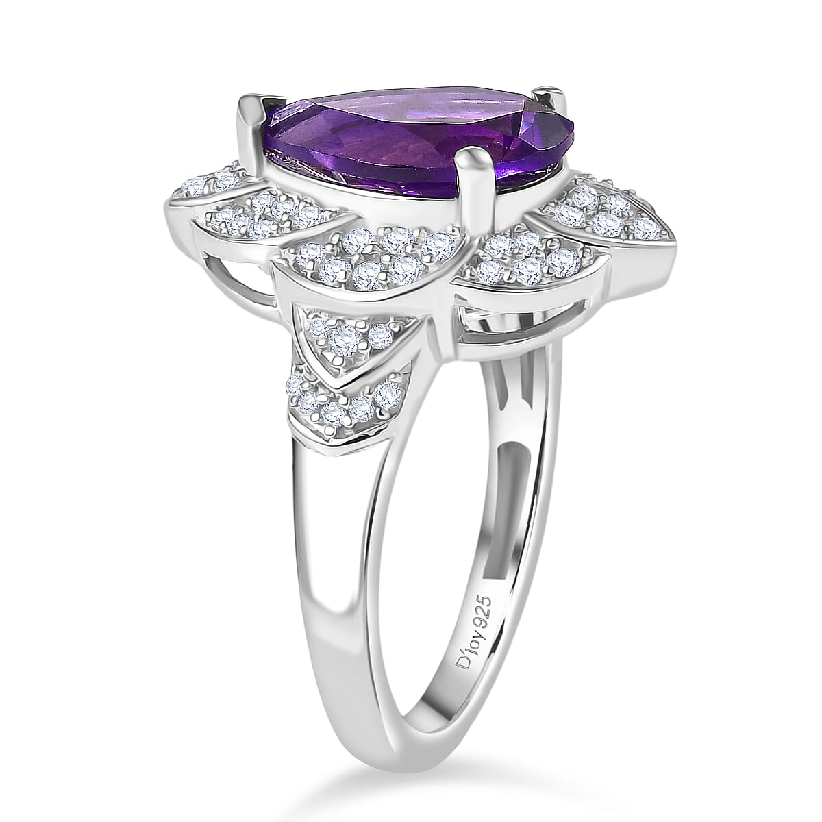 D'Joy African Amethyst and White Zircon 3.30 ctw Ring in Rhodium Over Sterling Silver (Size 7.0)