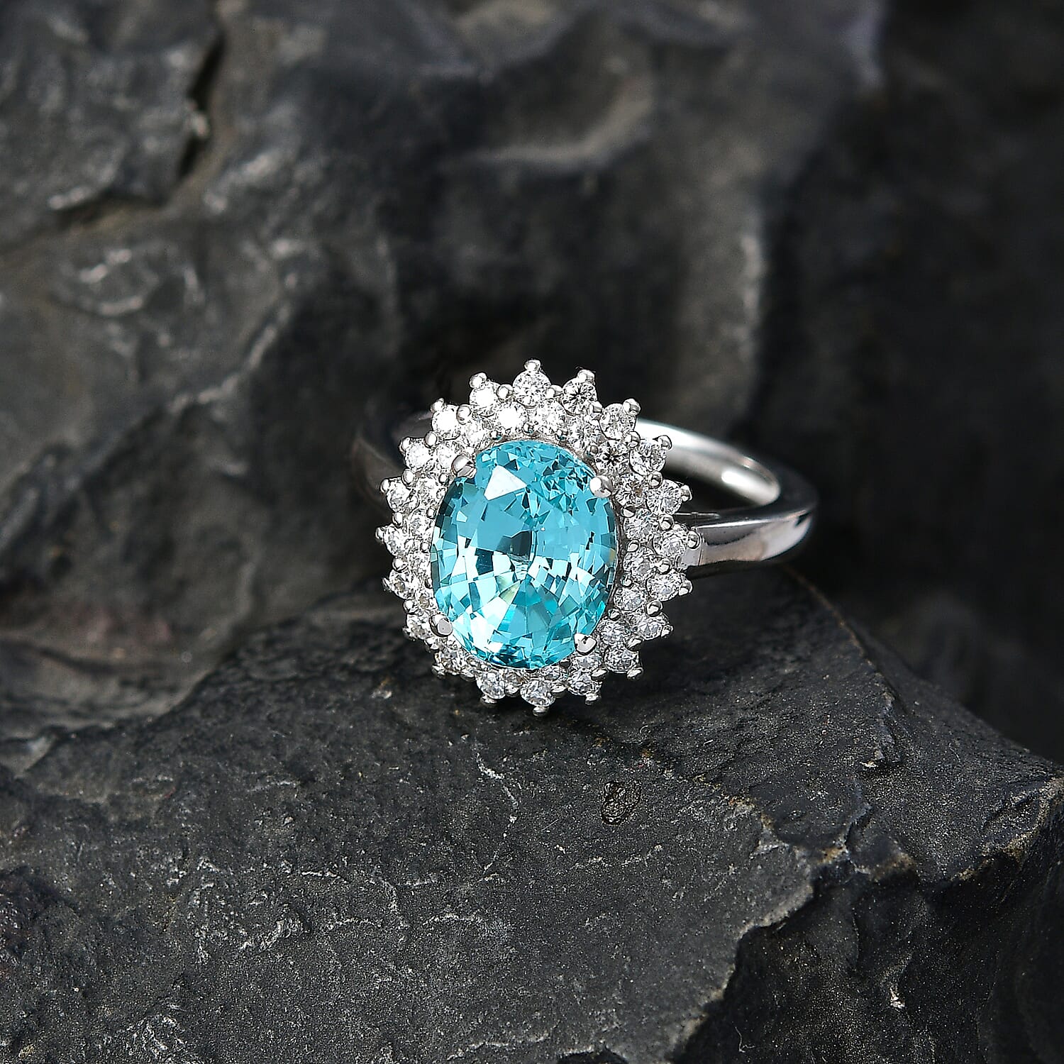 D'Joy Lab Grown Paraiba Sapphire and Moissanite 5.60 ctw Ring in Rhodium Over Sterling Silver (Size 7.0)