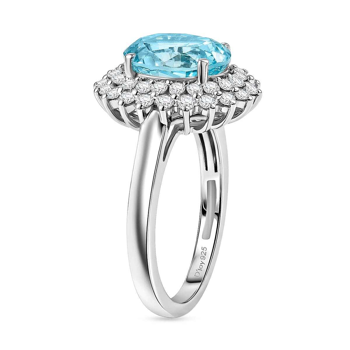 D'Joy Lab Grown Paraiba Sapphire and Moissanite 5.60 ctw Ring in Rhodium Over Sterling Silver (Size 7.0)