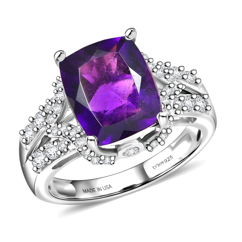 D'Joy Premium African Amethyst and Moissanite 4.70 ctw Ring in Rhodium Over Sterling Silver (Size 7.0)