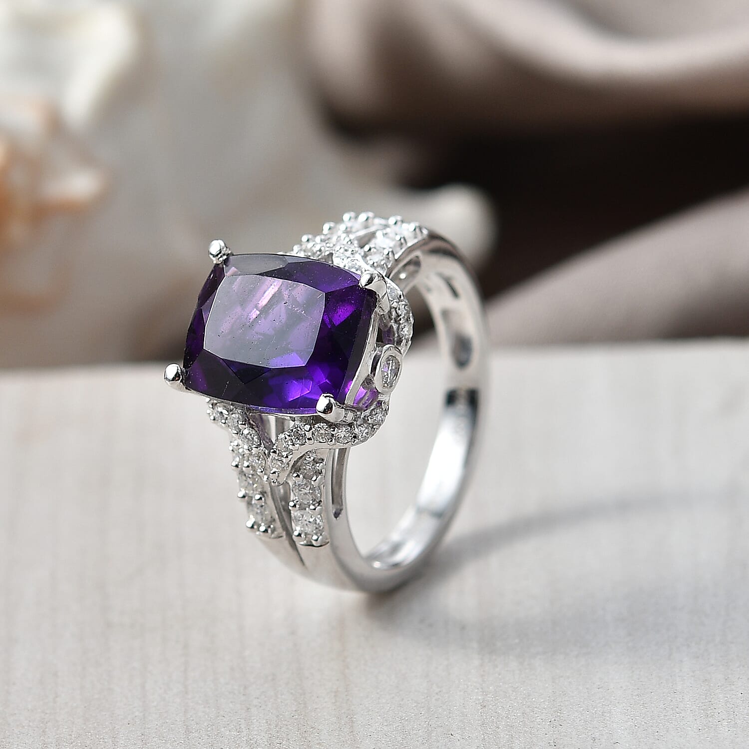 D'Joy Premium African Amethyst and Moissanite 4.70 ctw Ring in Rhodium Over Sterling Silver (Size 7.0)