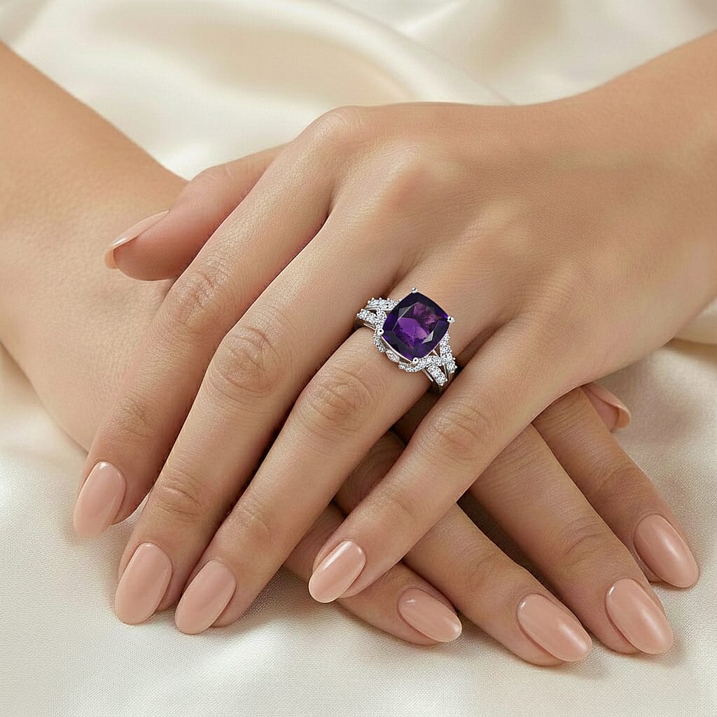 D'Joy Premium African Amethyst and Moissanite 4.70 ctw Ring in Rhodium Over Sterling Silver (Size 7.0)