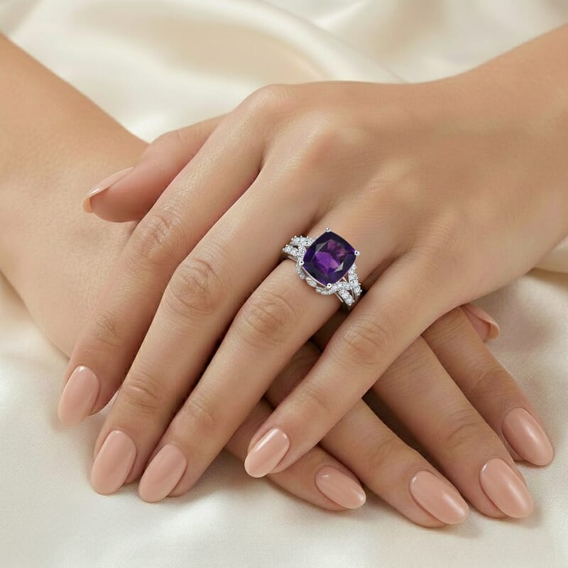 D'Joy Premium African Amethyst and Moissanite 4.70 ctw Ring in Rhodium Over Sterling Silver (Size 7.0)