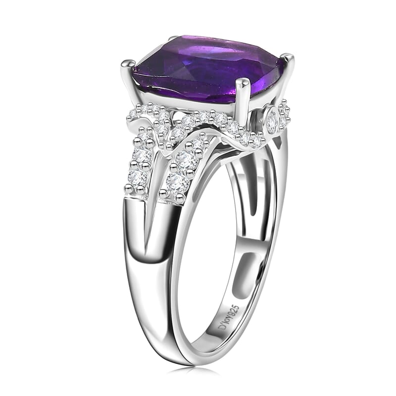 D'Joy Premium African Amethyst and Moissanite 4.70 ctw Ring in Rhodium Over Sterling Silver (Size 7.0)