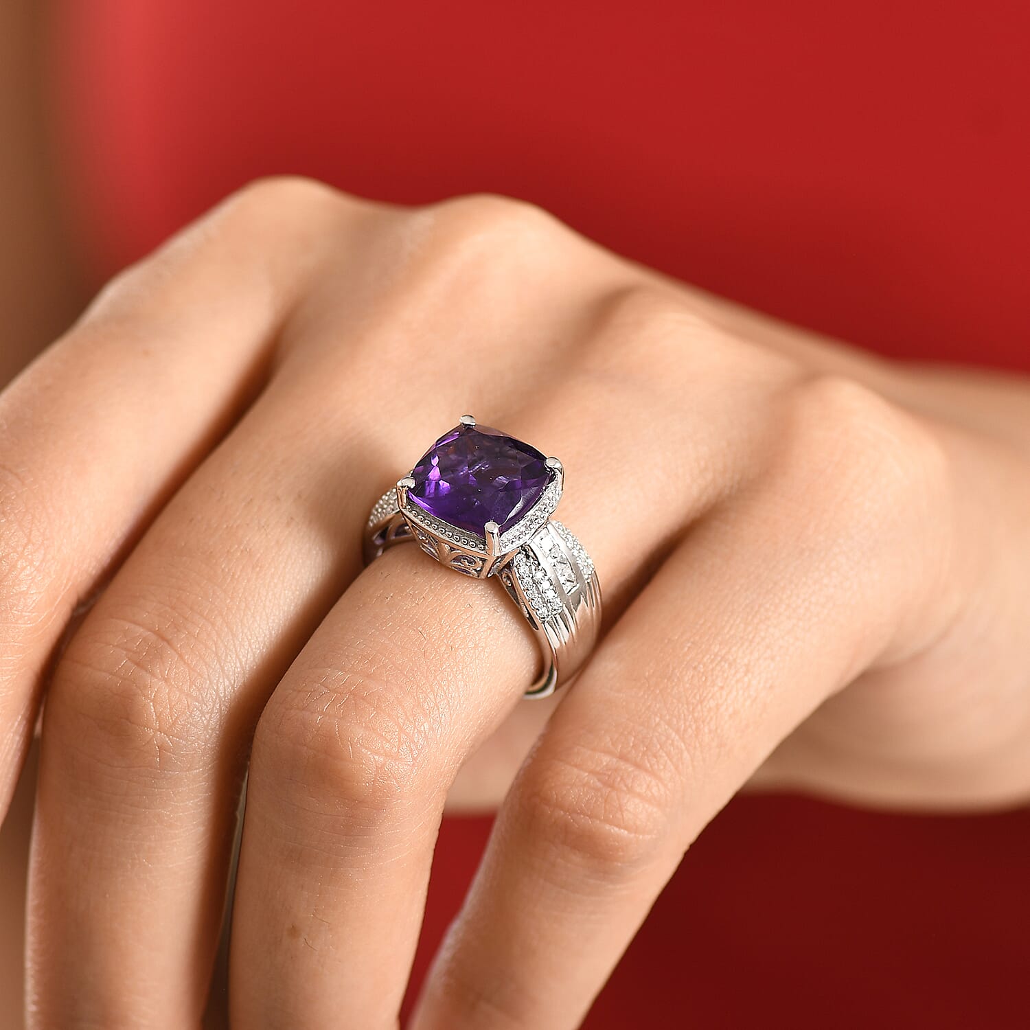 D'Joy AAA African Amethyst and Moissanite 5.50 ctw Ring in Rhodium Over Sterling Silver (Size 7.0)