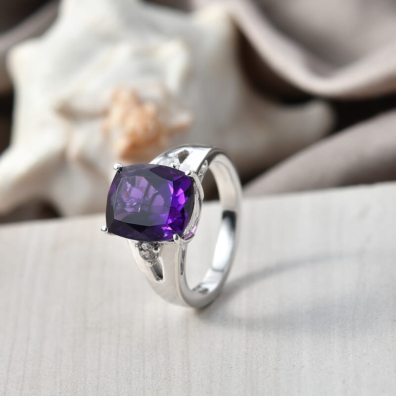 D'Joy Premium African Amethyst and White Zircon 5.70 ctw Ring in Rhodium Over Sterling Silver (Size 7.0)