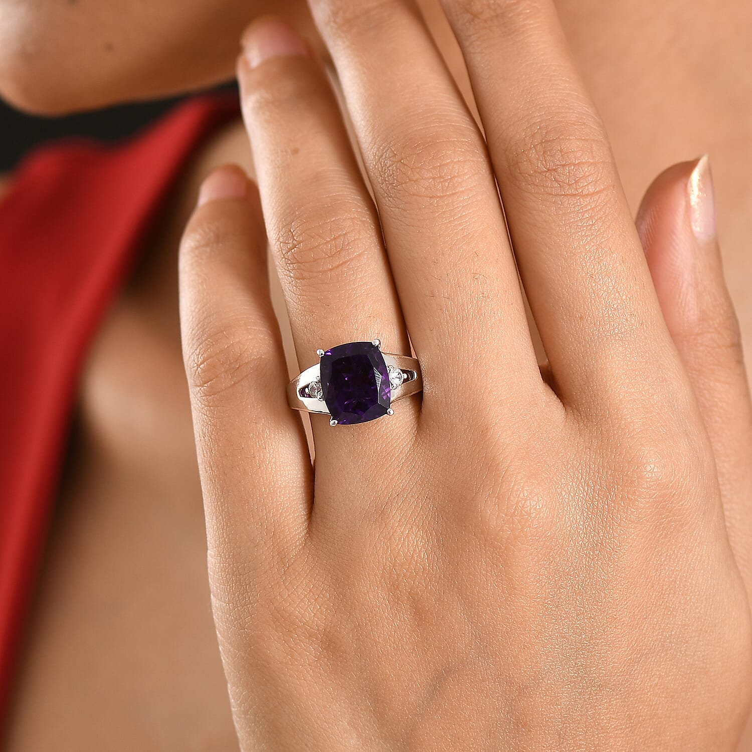 D'Joy Premium African Amethyst and White Zircon 5.70 ctw Ring in Rhodium Over Sterling Silver (Size 7.0)