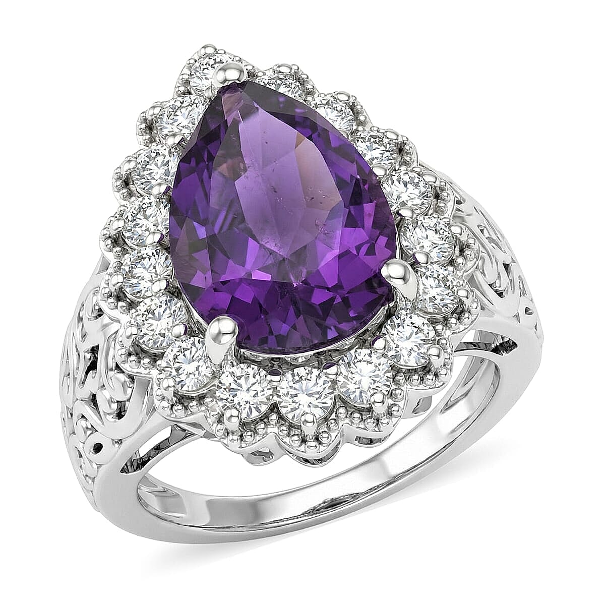 D'Joy African Amethyst and Moissanite 6.20 ctw Ring in Rhodium Over Sterling Silver (Size 7.0)