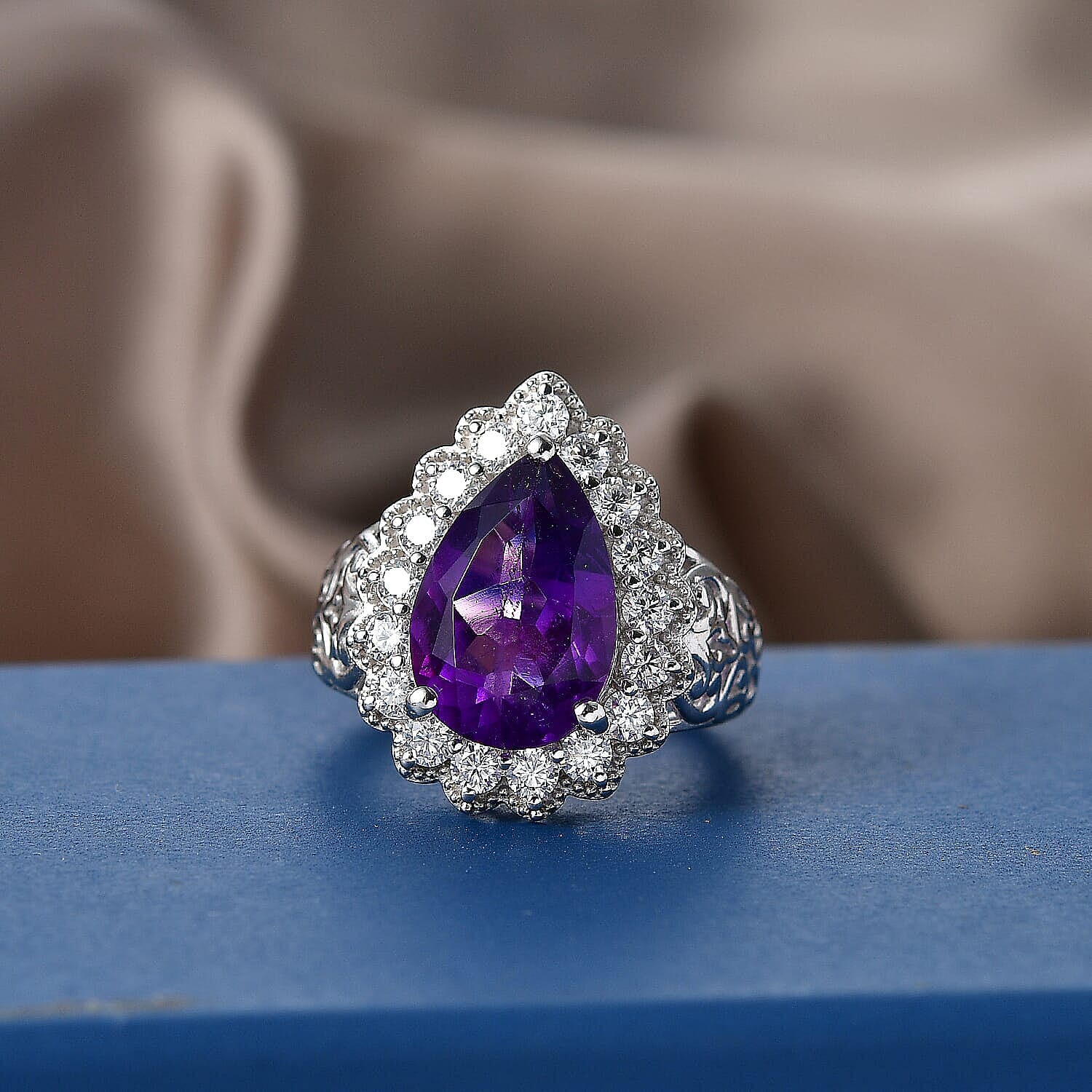 D'Joy African Amethyst and Moissanite 6.20 ctw Ring in Rhodium Over Sterling Silver (Size 7.0)