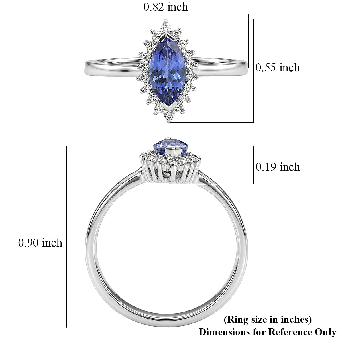 D'Joy AAA Tanzanite and White Zircon 0.80 ctw Ring in Rhodium Over Sterling Silver (Size 7.0)