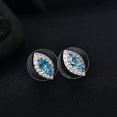 D'Joy Swiss Blue Topaz and White Zircon 1.50 ctw Earrings in Rhodium Over Sterling Silver