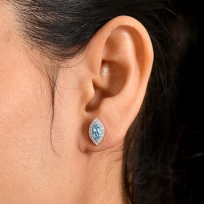 D'Joy Swiss Blue Topaz and White Zircon 1.50 ctw Earrings in Rhodium Over Sterling Silver