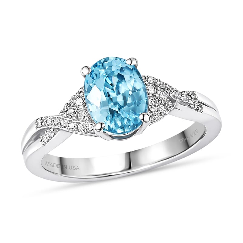 D'Joy Cambodian Blue Zircon and White Zircon 2.25 ctw Ring in Rhodium Over Sterling Silver (Size 7.0)