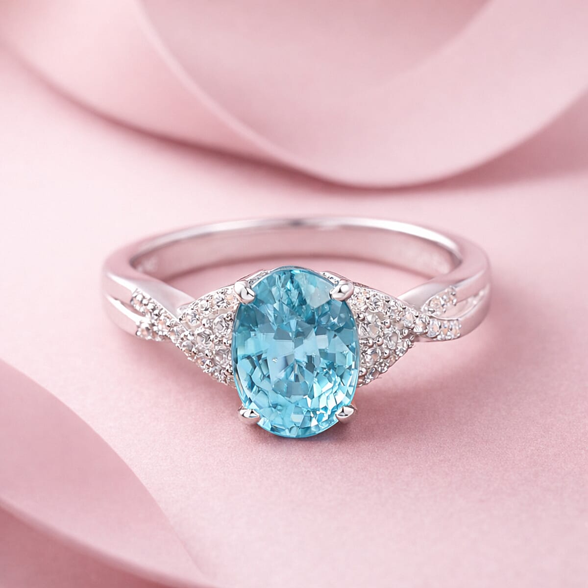 D'Joy Cambodian Blue Zircon and White Zircon 2.25 ctw Ring in Rhodium Over Sterling Silver (Size 8.0) image number 1
