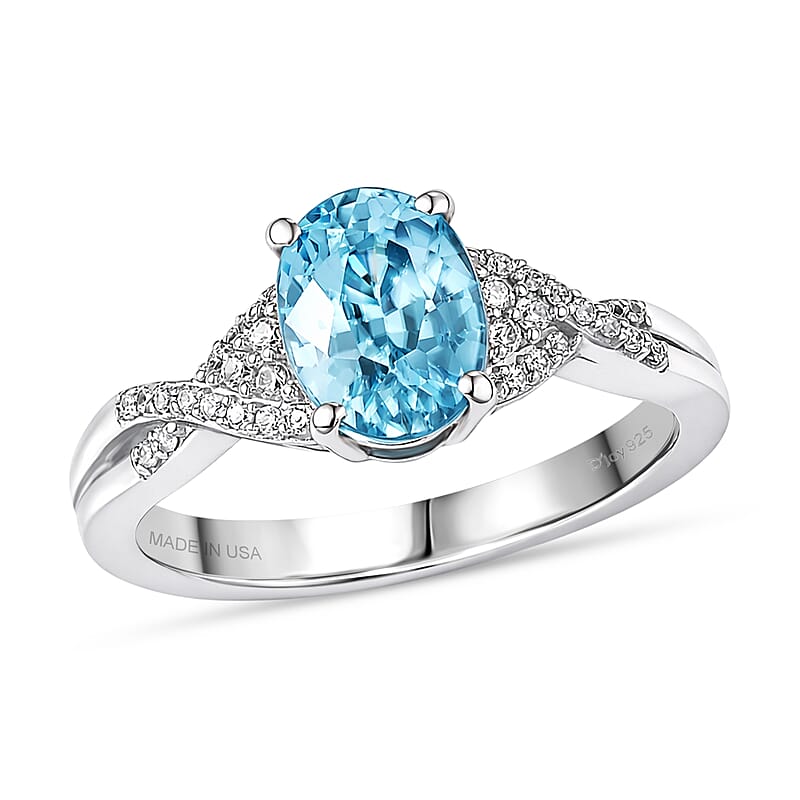 D'Joy Cambodian Blue Zircon and White Zircon 2.25 ctw Ring in Rhodium Over Sterling Silver (Size 9.0)