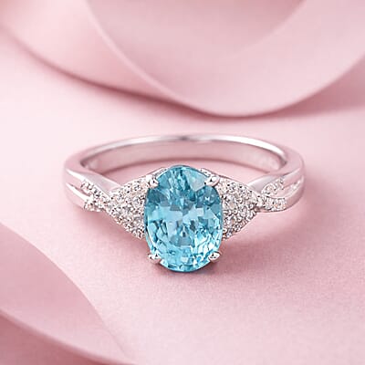 D'Joy Cambodian Blue Zircon and White Zircon 2.25 ctw Ring in Rhodium Over Sterling Silver (Size 9.0)