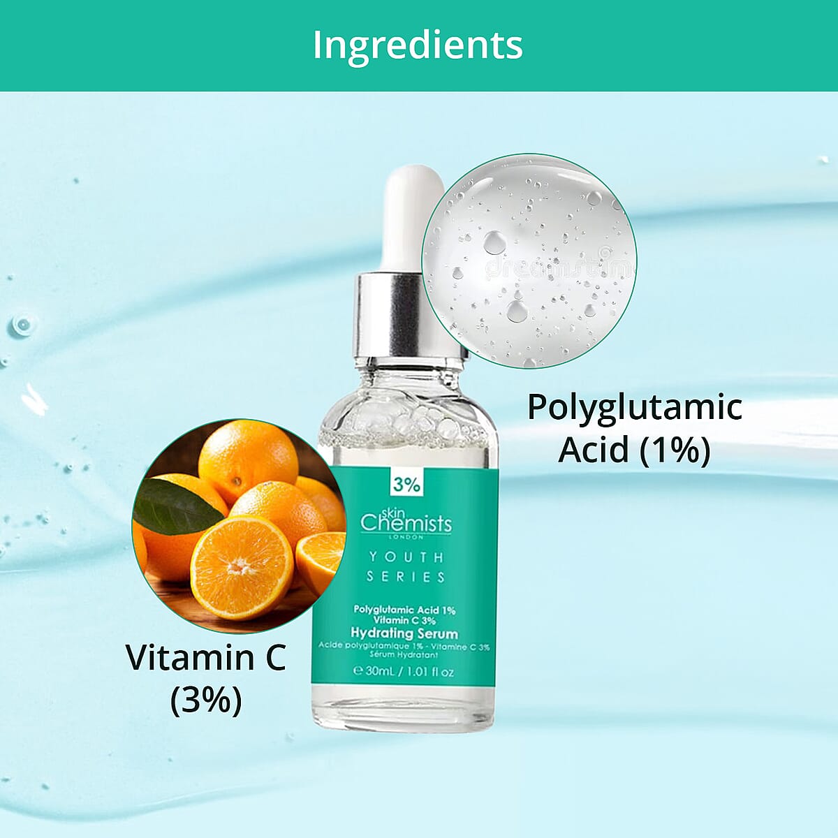 SkinChemists Youth Series Hydrating Serum Polyglutamic Acid 1% & Vitamin C 3% (1.01oz) image number 3