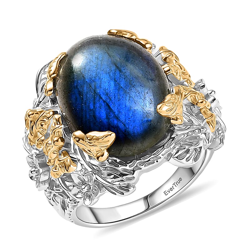 EverTrue Malagasy Labradorite 12.40 ctw Floral and Butterfly Ring in 18K YG Plated and Platinum Bond (Size 10.0)