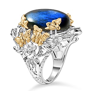 EverTrue Malagasy Labradorite 12.40 ctw Floral and Butterfly Ring in 18K YG Plated and Platinum Bond (Size 10.0)