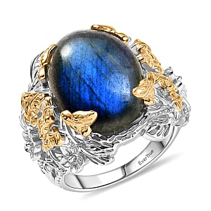 EverTrue Malagasy Labradorite 12.40 ctw Floral and Butterfly Ring in 18K YG Plated and Platinum Bond (Size 5.0)