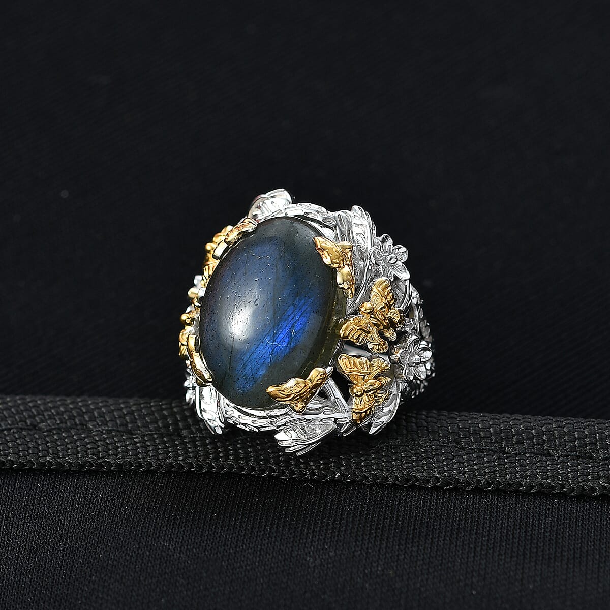 EverTrue Malagasy Labradorite 12.40 ctw Floral and Butterfly Ring in 18K YG Plated and Platinum Bond (Size 5.0) image number 1