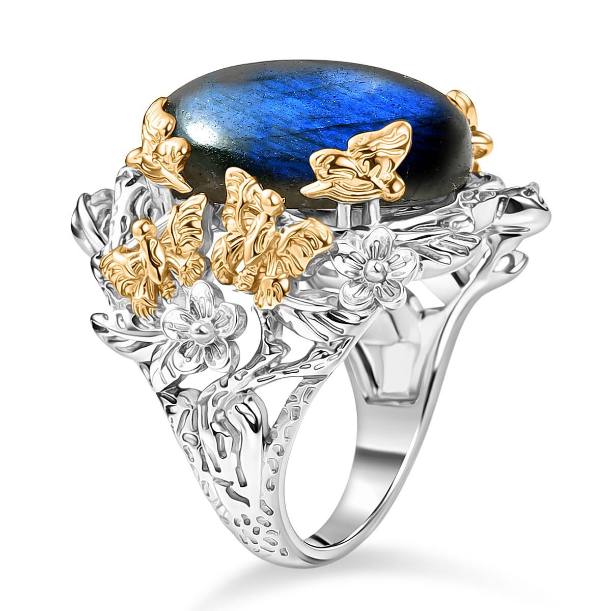 EverTrue Malagasy Labradorite 12.40 ctw Floral and Butterfly Ring in 18K YG Plated and Platinum Bond (Size 5.0) image number 3