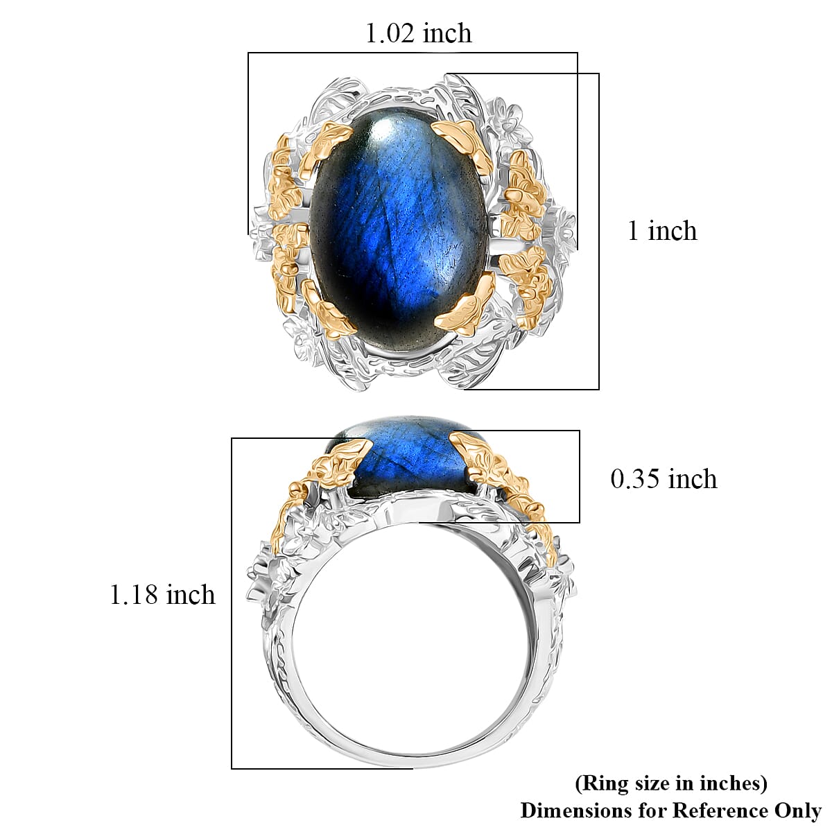 EverTrue Malagasy Labradorite 12.40 ctw Floral and Butterfly Ring in 18K YG Plated and Platinum Bond (Size 5.0) image number 5