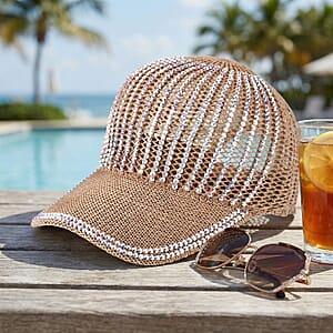 La Marey Tan Striped Hollow Out Cap with Rhinestones