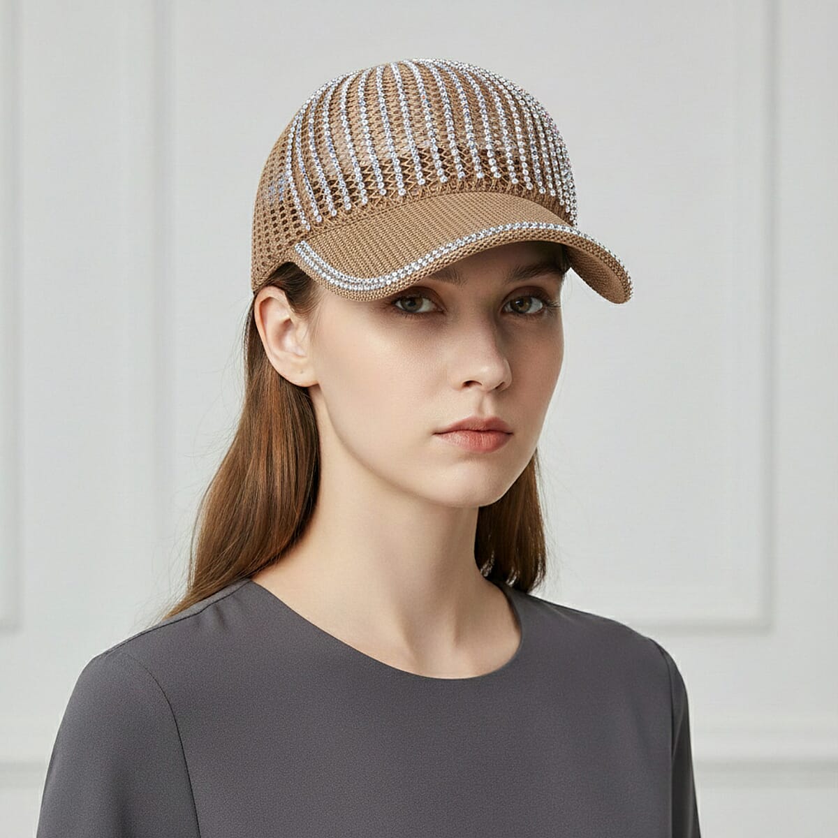 La Marey Tan Striped Hollow Out Cap with Rhinestones image number 2