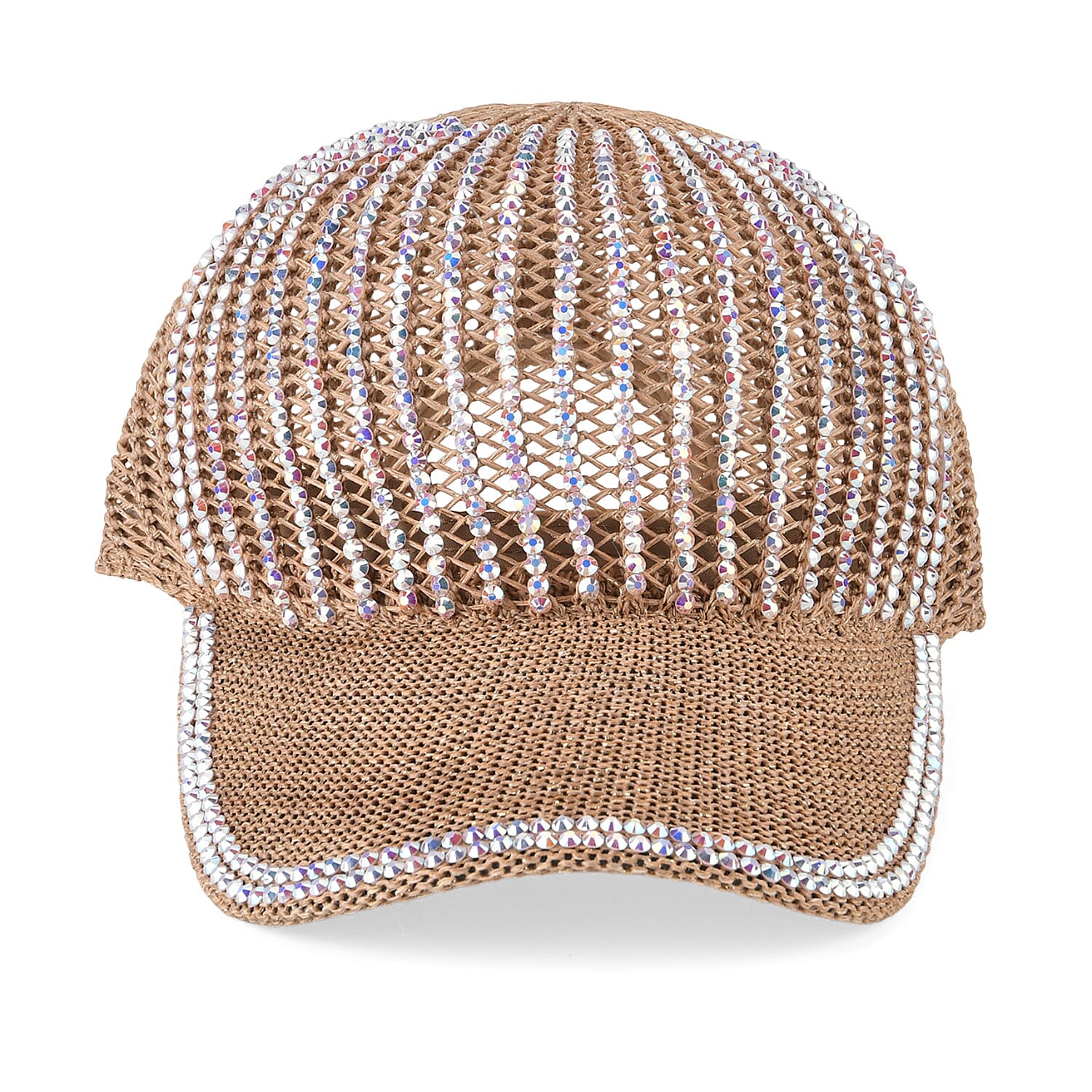 La Marey Tan Striped Hollow Out Cap with Rhinestones