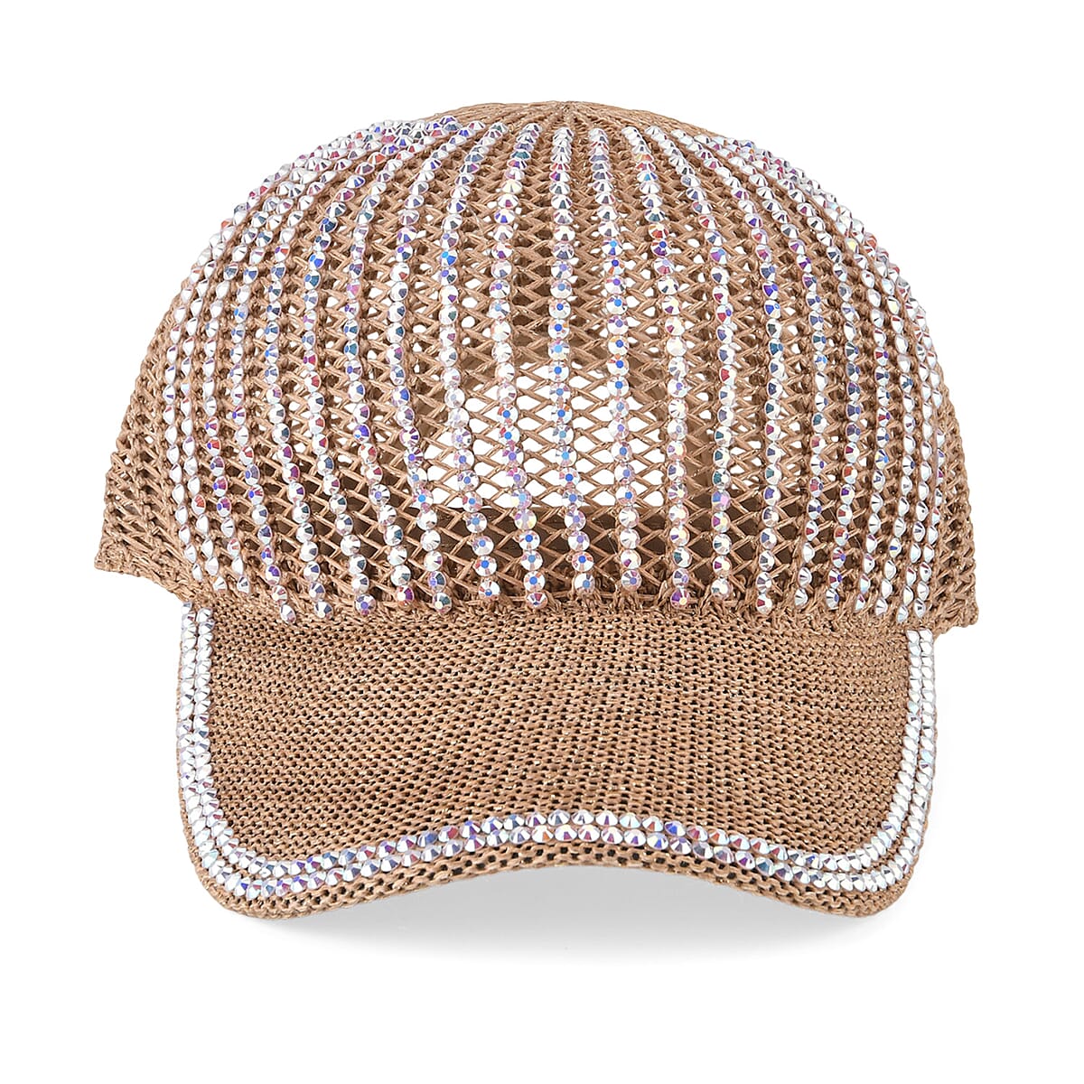 La Marey Tan Striped Hollow Out Cap with Rhinestones image number 3