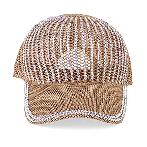 La Marey Tan Striped Hollow Out Cap with Rhinestones