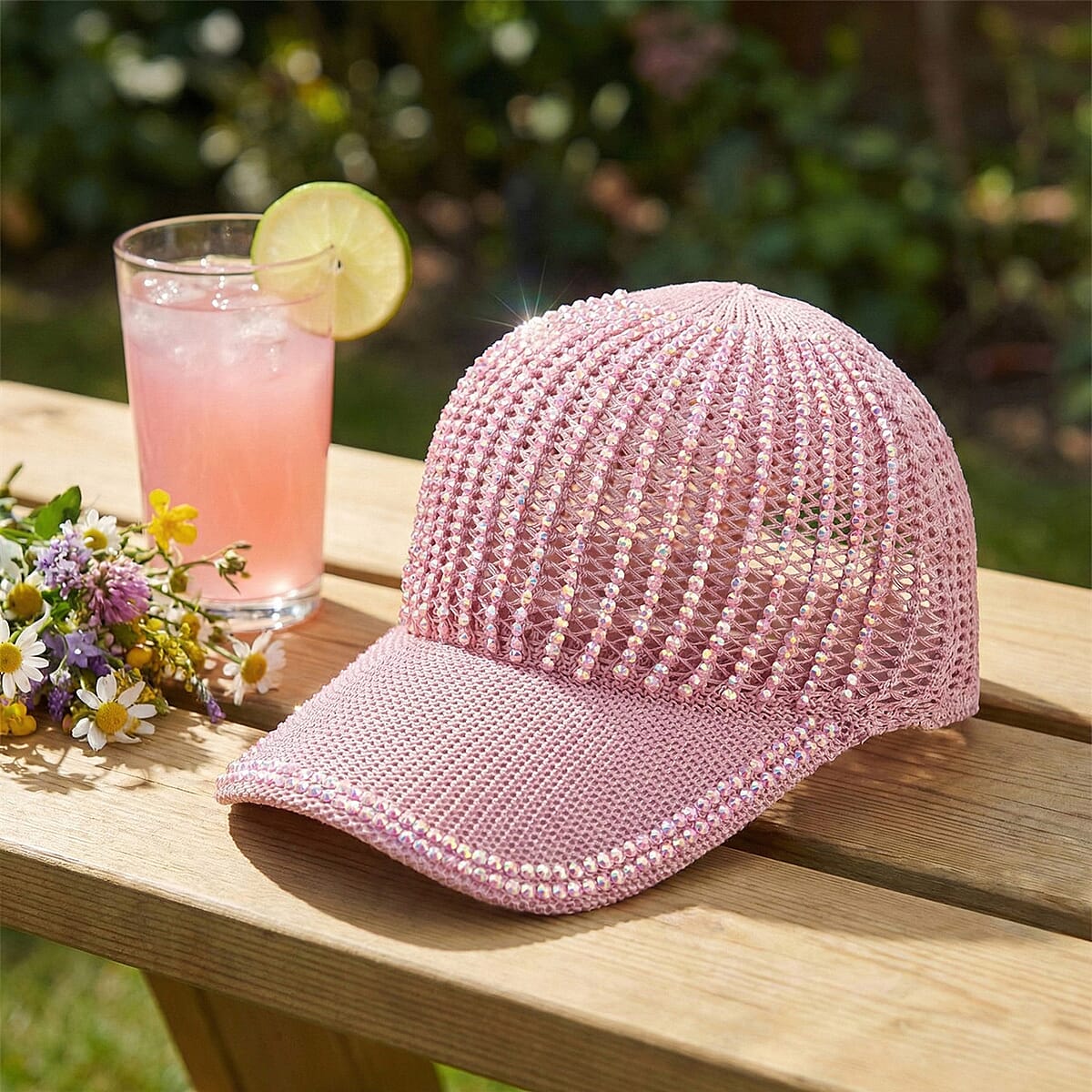 La Marey Pink Striped Hollow Out Cap with Rhinestones image number 1