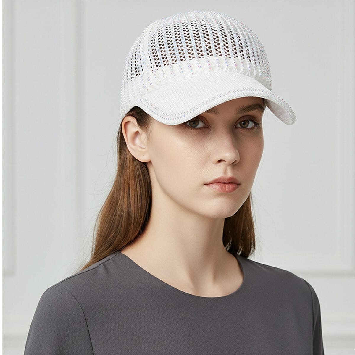 La Marey Beige Striped Hollow Out Cap with Rhinestones image number 2