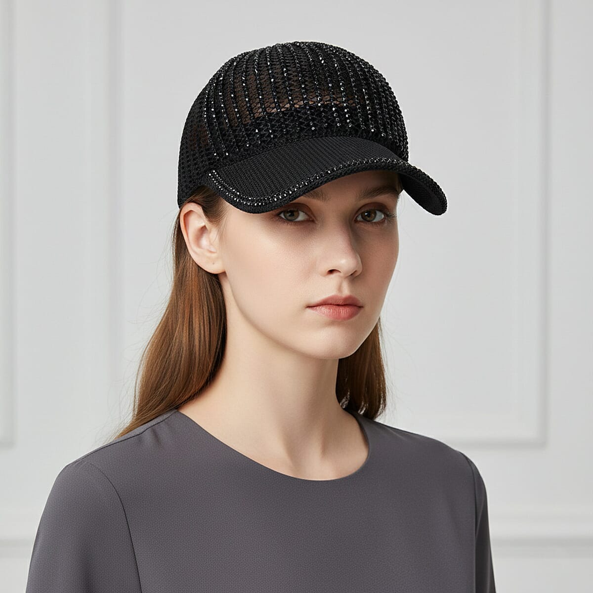 La Marey Black Striped Hollow Out Cap with Rhinestones image number 2